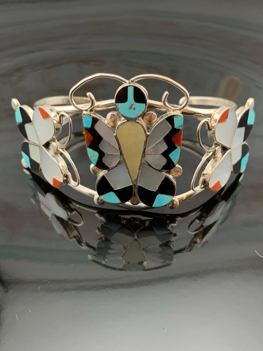 Butterfly Stone Inlay Zuni Native American Cuff Bracelet 925 A. Dishta J1423